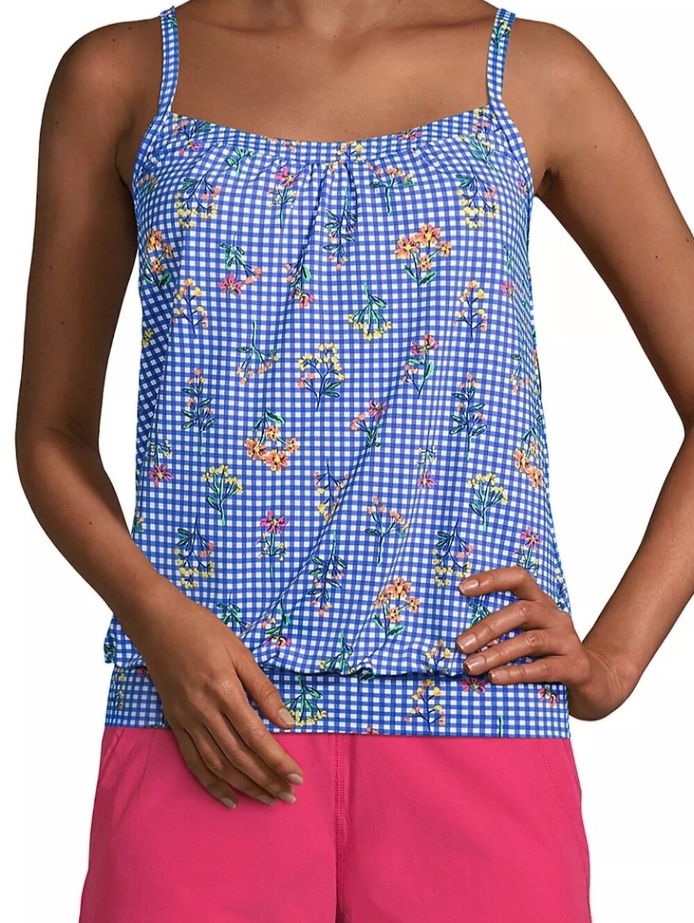 Lands' End Blouson Tankini -  Electric Blue Botanical Check - Picture 15 of 16